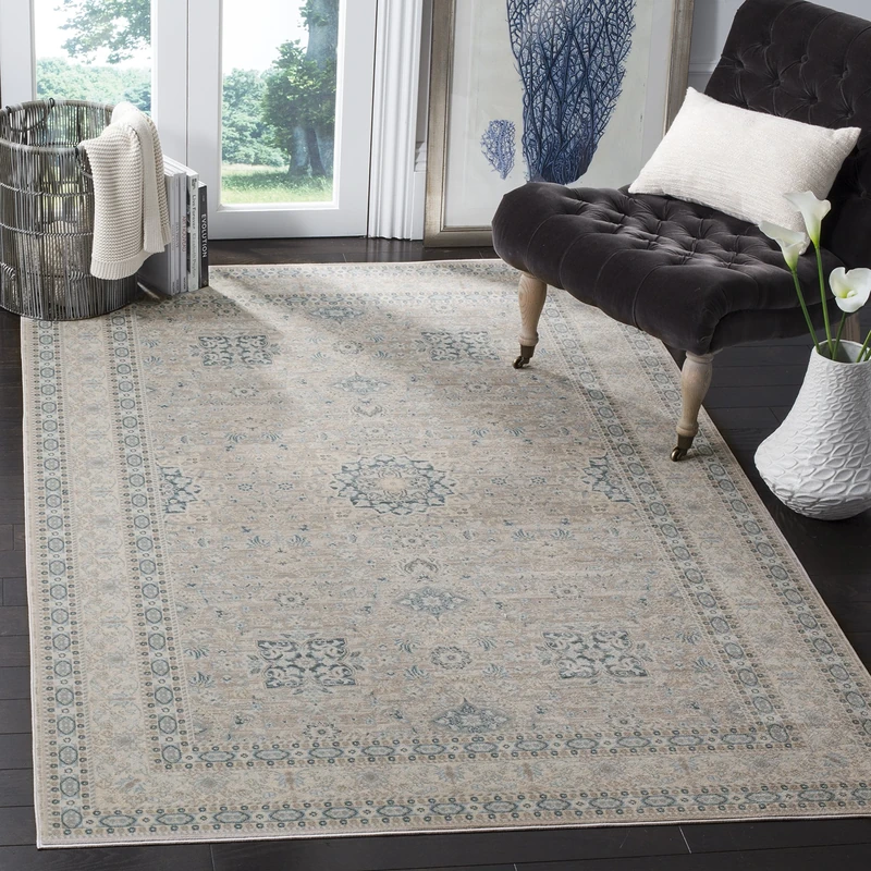 SAFAVIEH Vintage Inspired Rug for Living Room, Dining Room, Bedroom - Archive Collection, Short Pile, in Grey and Blue, 155 X 229 cm