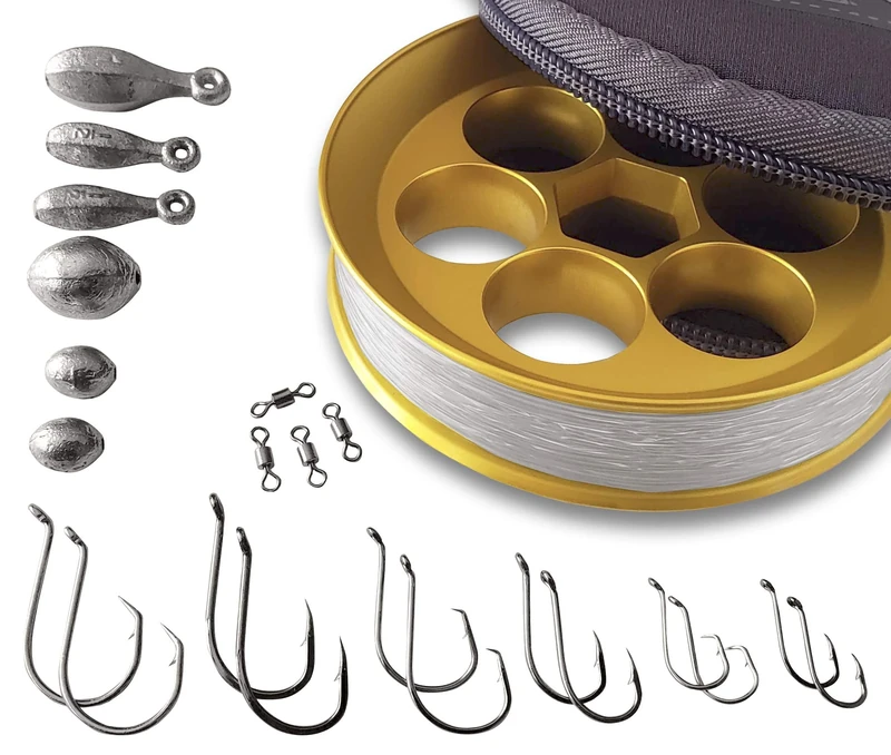 Yoyito Aluminum Hand Line Reel Pocket/Travel Fishing Kit (Gold Reel / 30 lb Clear line)