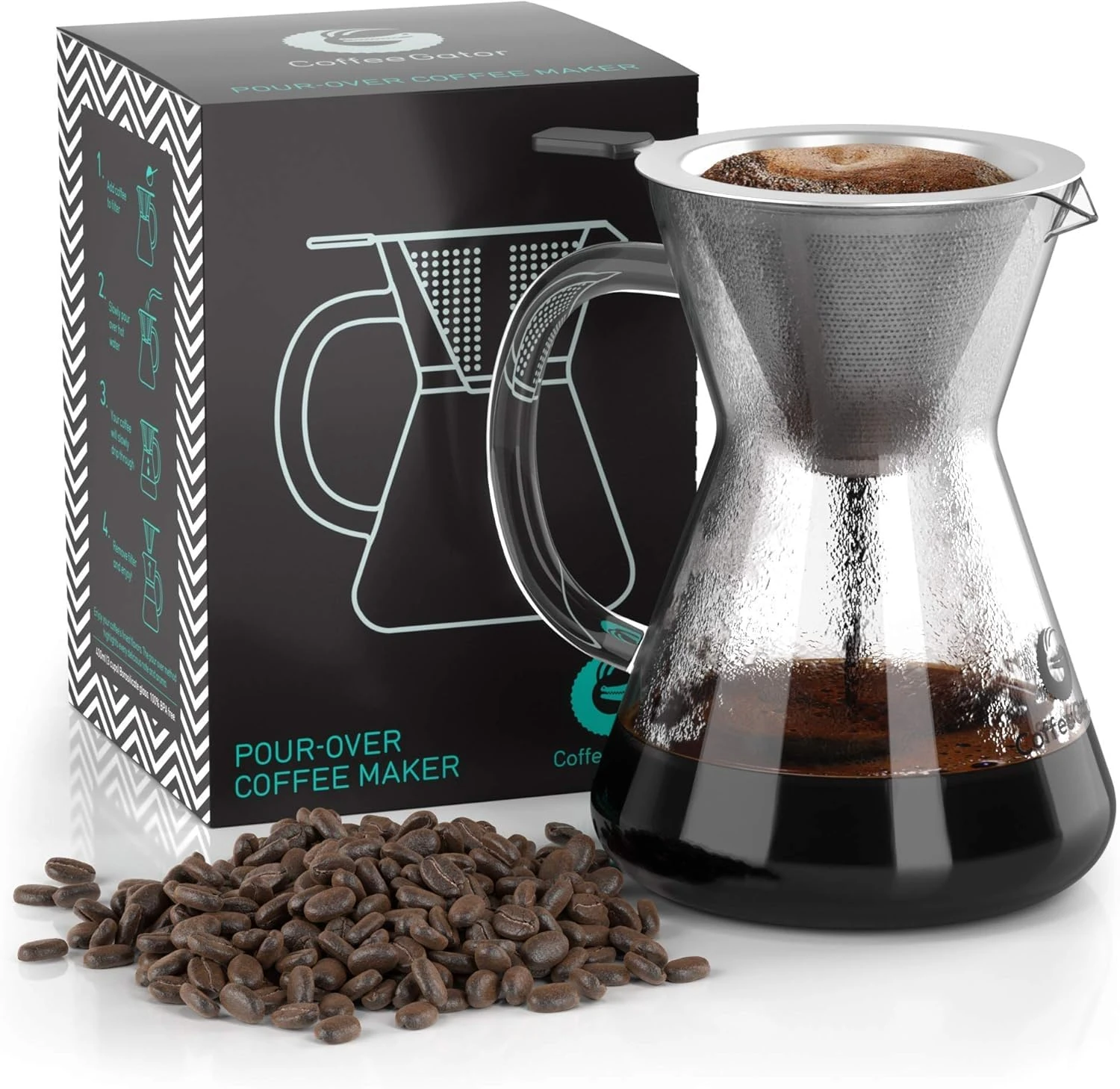 Coffee Gator Pour Over Coffee Maker - 14 oz/400 ml, High Heat Borosilicate Glass Carafe with Reusable Stainless Steel Filter, Drip Coffee Brewer Set, Clear