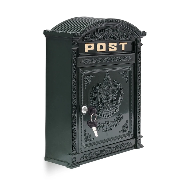 Relaxdays Antique Letterbox, 44.5 x 31 x 9.5 cm, English-Style Wall-Mount Mailbox, Cast Aluminum, for DIN A4 Letters, with Roof, Green