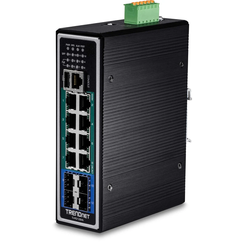 TRENDnet 12-Port Hardened Industrial Gigabit PoE+ Layer 2+ Managed DIN-Rail Switch, TI-PG1284i, 240 W Power Budget, Hardened IP30 Network Ethernet Gigabit PoE+ Switch