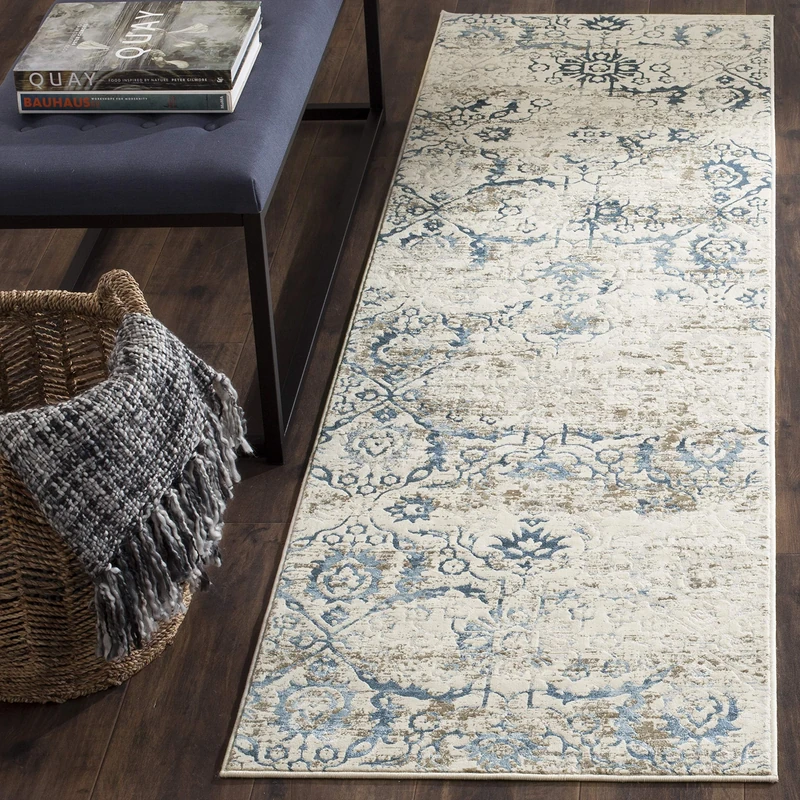 Safavieh Distressed Indoor Woven Runner Area Rug, Artifact Collection, ATF237, in Blue / Creme, 69 X 244 cm for Living Room, Bedroom or Any Indoor Space