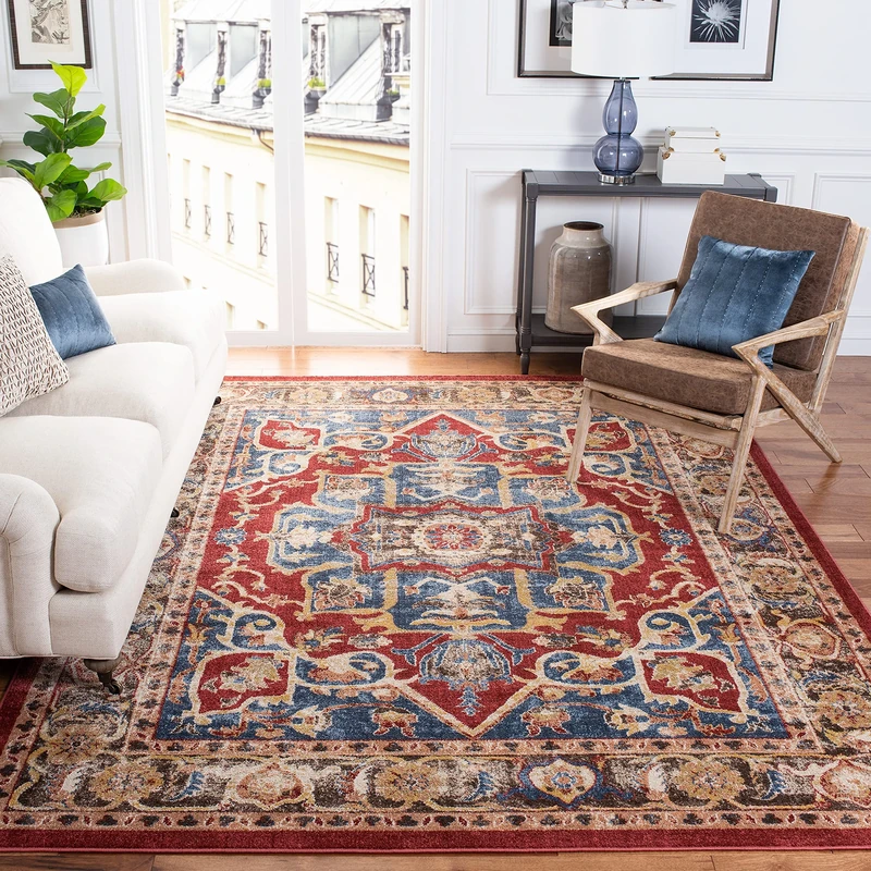 SAFAVIEH Traditional Distressed Rug for Living Room, Dining Room, Bedroom - Bijar Collection, Short Pile, in Red and Royal Blue, 201 X 274 cm
