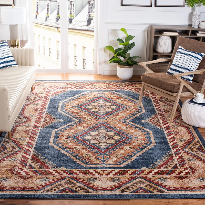 Safavieh Traditional Distressed Indoor Woven Rectangle Area Rug, Bijar Collection, BIJ647, in Royal Blue / Rust, 91 X 152 cm for Living Room, Bedroom or Any Indoor Space