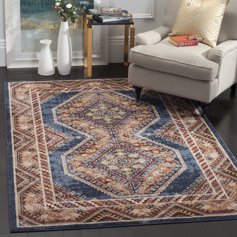 SAFAVIEH Traditional Distressed Rug for Living Room, Dining Room, Bedroom - Bijar Collection, Short Pile, in Royal Blue and Rust, 201 X 274 cm