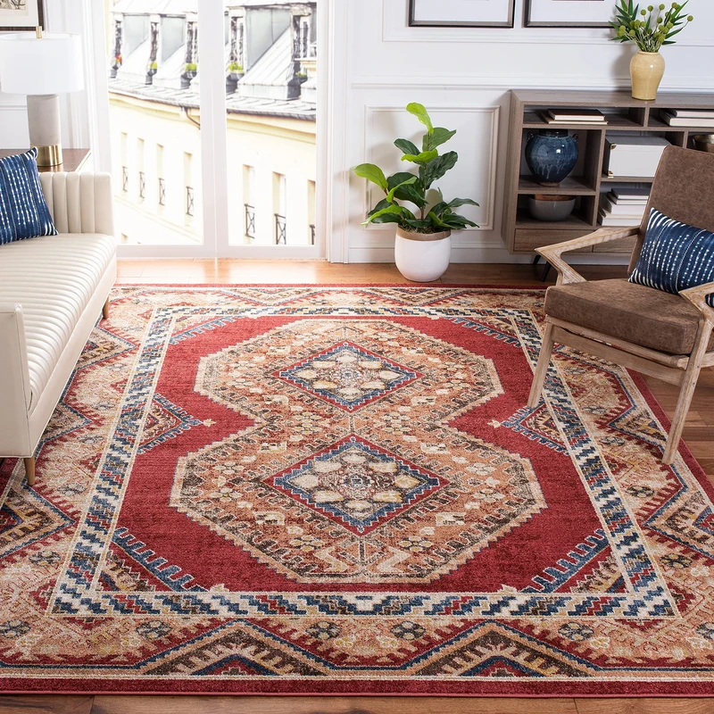 SAFAVIEH Traditional Distressed Rug for Living Room, Dining Room, Bedroom - Bijar Collection, Short Pile, in Red and Rust, 201 X 274 cm