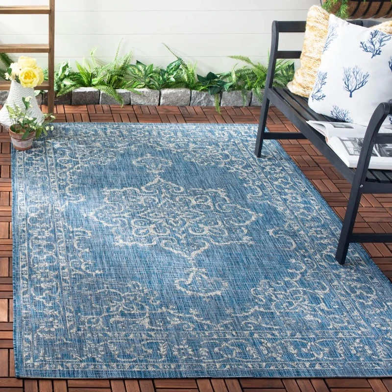 Safavieh Contemporary Indoor/Outdoor Woven Rectangle Area Rug, Courtyard Collection, CY8481, in Navy / Grey, 160 X 231 cm for Garden, Patio or Any Outdoor Space