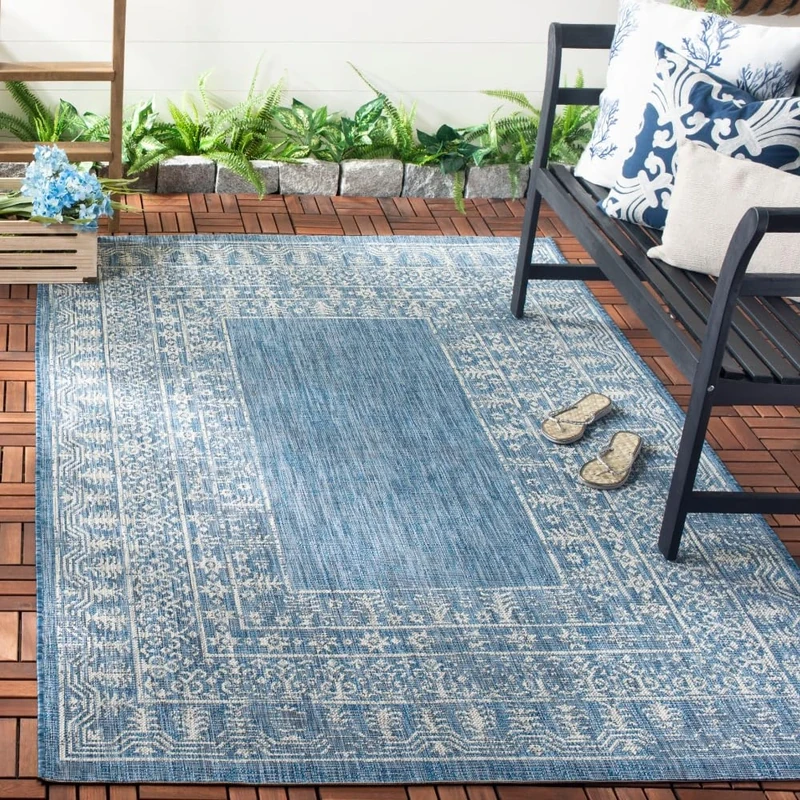 Safavieh Contemporary Indoor/Outdoor Woven Rectangle Area Rug, Courtyard Collection, CY8482, in Navy / Grey, 160 X 231 cm for Garden, Patio or Any Outdoor Space