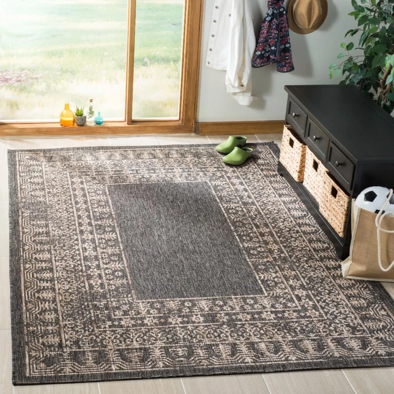 Safavieh Contemporary Indoor/Outdoor Woven Rectangle Area Rug, Courtyard Collection, CY8482, in Black / Natural, 160 X 231 cm for Garden, Patio or Any Outdoor Space