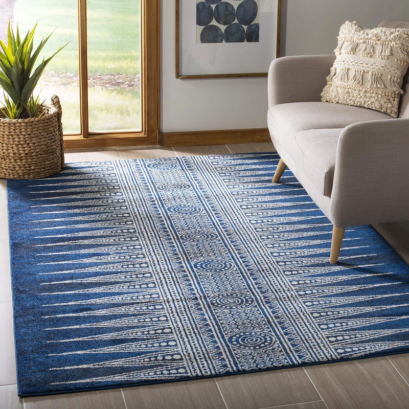 Safavieh Transitional Indoor Woven Rectangle Area Rug, Evoke Collection, EVK226, in Royal/Ivory, 155 X 229 cm for Living Room, Bedroom or Any Indoor Space