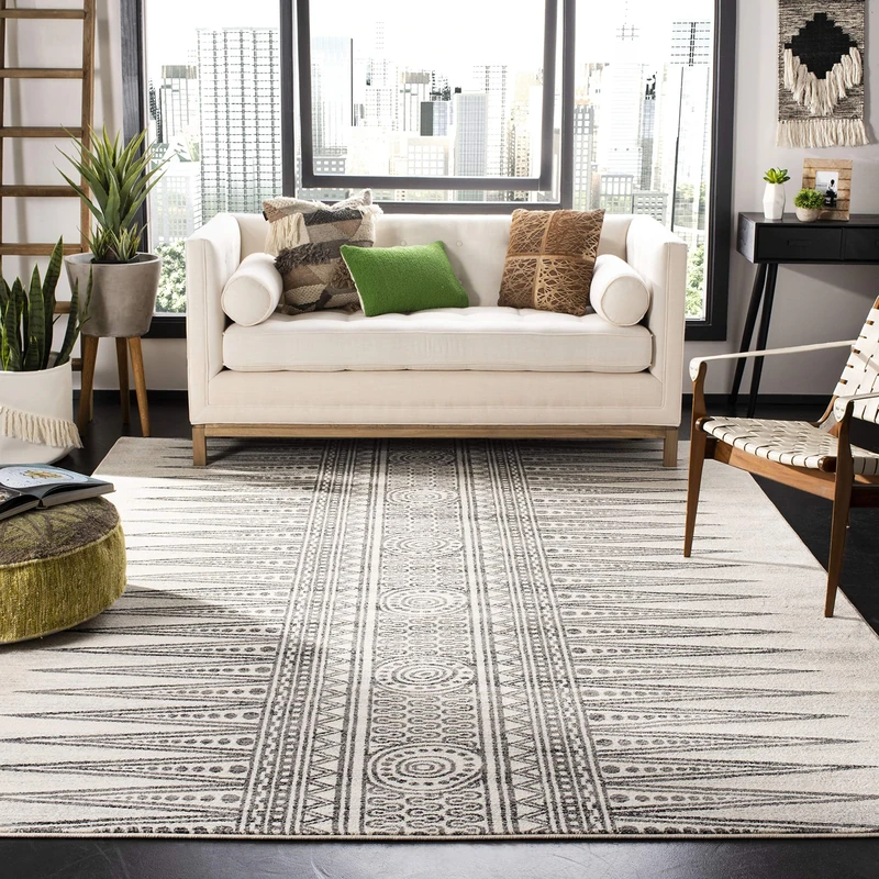 Safavieh Transitional Indoor Woven Rectangle Area Rug, Evoke Collection, EVK226, in Ivory/Grey, 91 X 152 cm for Living Room, Bedroom or Any Indoor Space