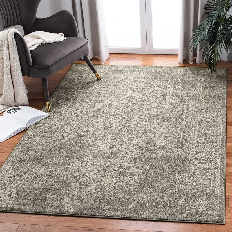 Safavieh Transitional Indoor Woven Rectangle Area Rug, Evoke Collection, EVK256, in Silver/Ivory, 155 X 229 cm for Living Room, Bedroom or Any Indoor Space