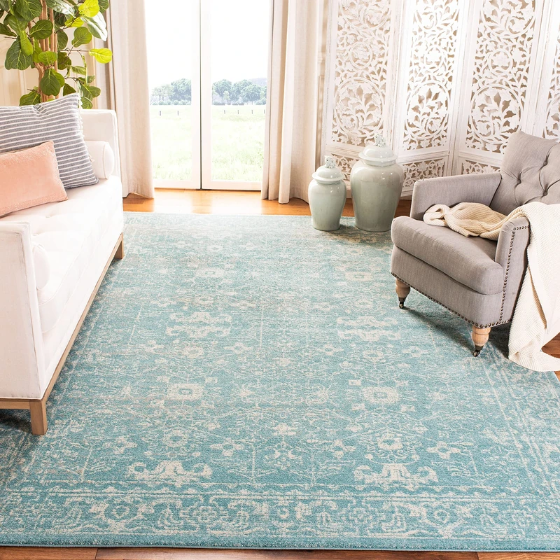 Safavieh Transitional Indoor Woven Rectangle Area Rug, Evoke Collection, EVK270, in Light Blue / Ivory, 91 X 152 cm for Living Room, Bedroom or Any Indoor Space