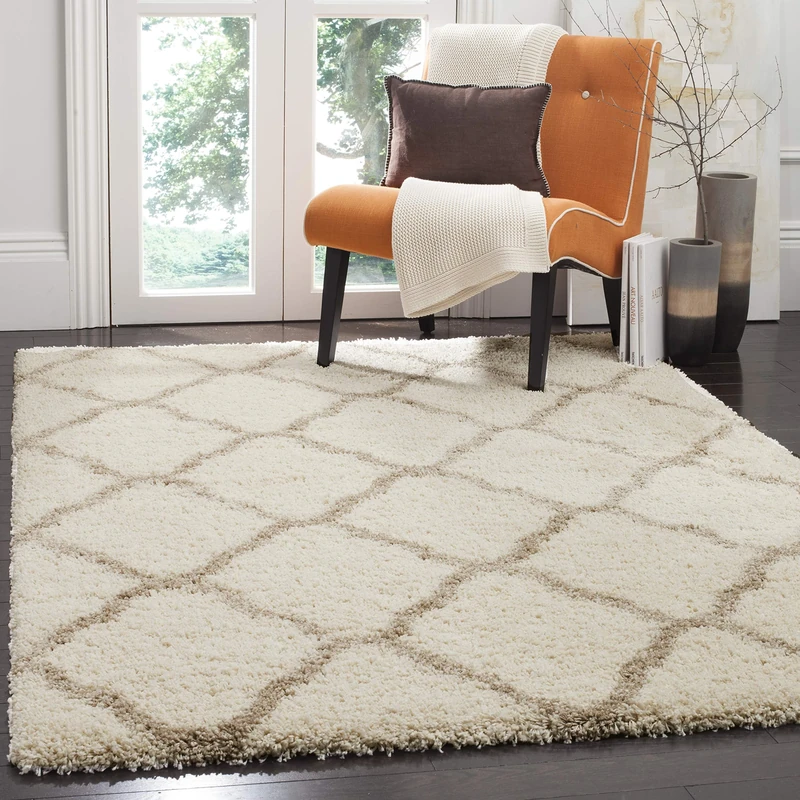 Safavieh Shaggy Indoor Woven Rectangle Area Rug, Hudson Shag Collection, SGH283, in Ivory/Beige, 155 x 229 cm for Living Room, Bedroom or Any Indoor Space