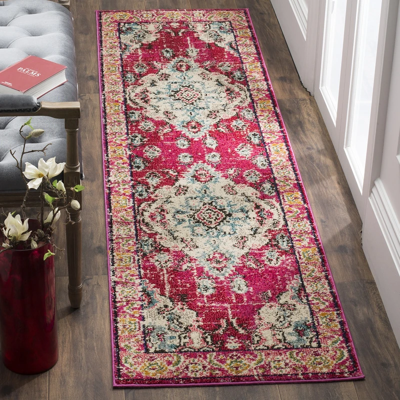 Safavieh Boho Rug for Living Room, Dining Room, Bedroom - Monaco Collection, Short Pile, in Pink and Multi, 66 X 244 cm