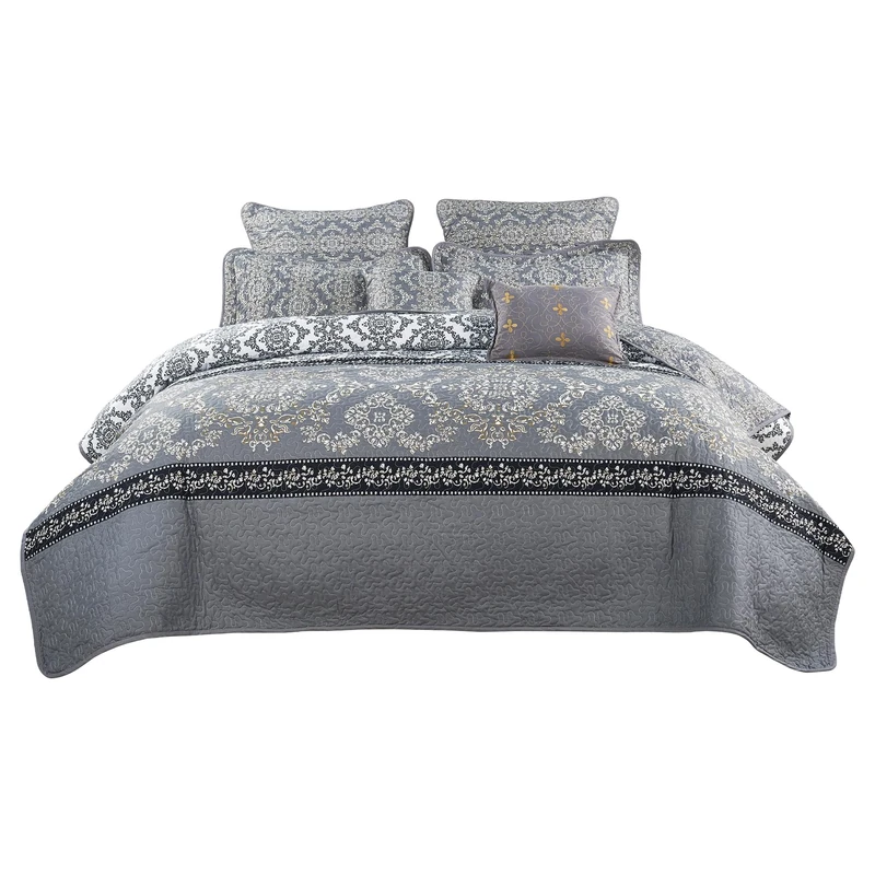 Home Soft Things Serenta Printed Microfiber 7 Piece Mystic Bedspread Quilts Set, King, Charcoal