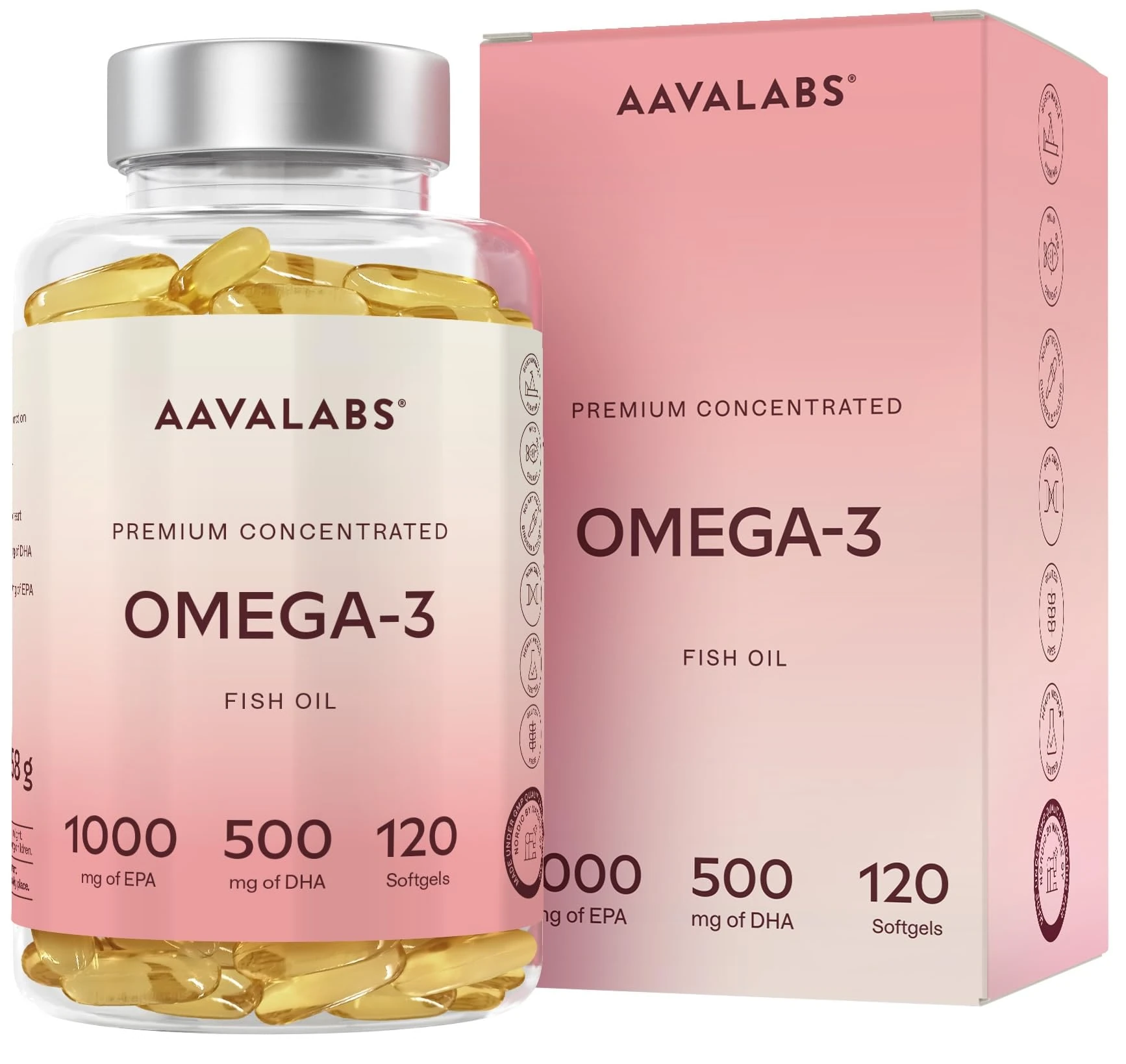 AAVALABS Omega 3 Fish Oil 2000mg per Daily dose (2 softgels) - 1000mg EPA + 500 mg DHA per dose - High Strength Omega 3 Fatty Acids Supplements - Molecularly Distilled - 120 Capsules - 60 Days Supply