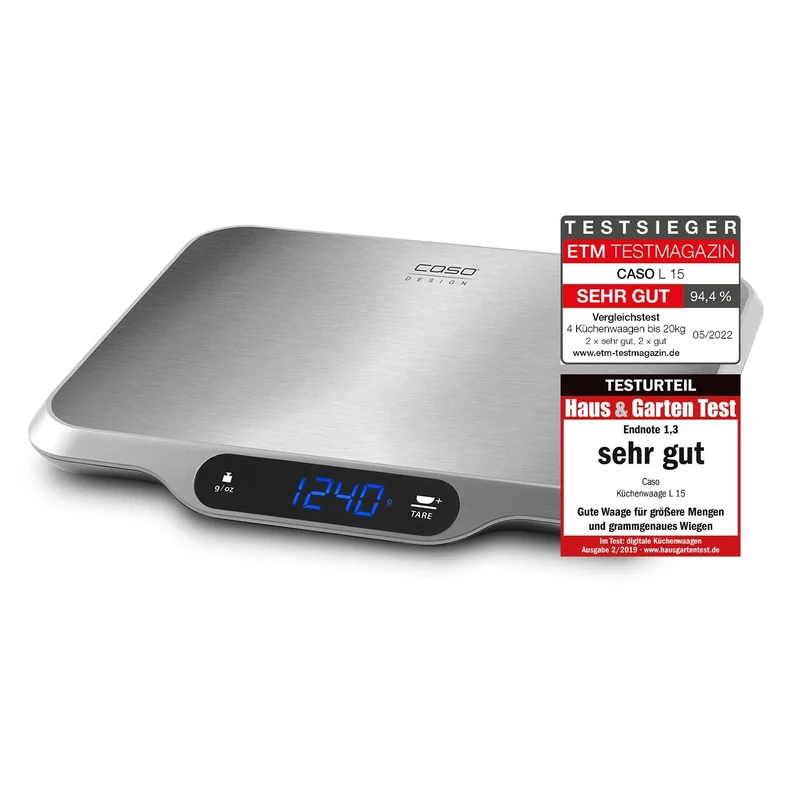 CASO Design L15 Extra Large Kitchen Scales, Weighing Scales With Easy to Read Display, Digital Scales weigh up to 15kg in 1g Increments, Metric & Imperial, Tare Function, Stainless Steel