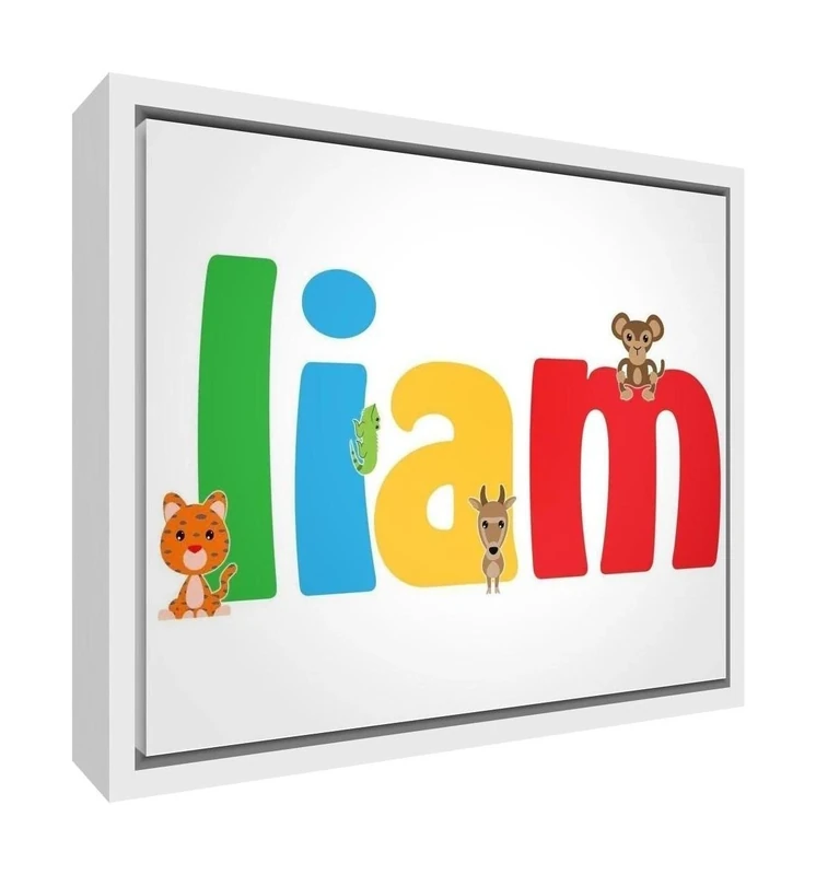 Feel Good Art Framed Box Canvas with Solid Wooden Surround in Cute Illustrative Design, Boy's Name (64 x 44 x 3 cm, Large, Liam)
