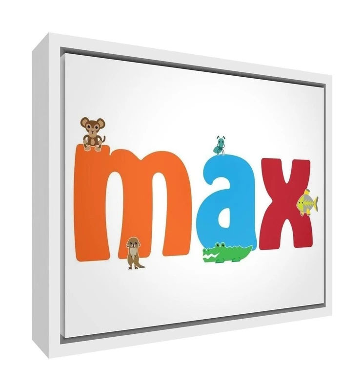 Feel Good Art Framed Box Canvas with Solid Wooden Surround in Cute Illustrative Design, Boy's Name (64 x 44 x 3 cm, Large, Max)