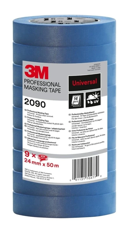3M Professional Masking Tape 2090, Multi-surface, Blue, 24 mm x 50 m, 9 Rolls - UV stable, Water Resistant, For Indoor & Outdoor Painting and Decorating