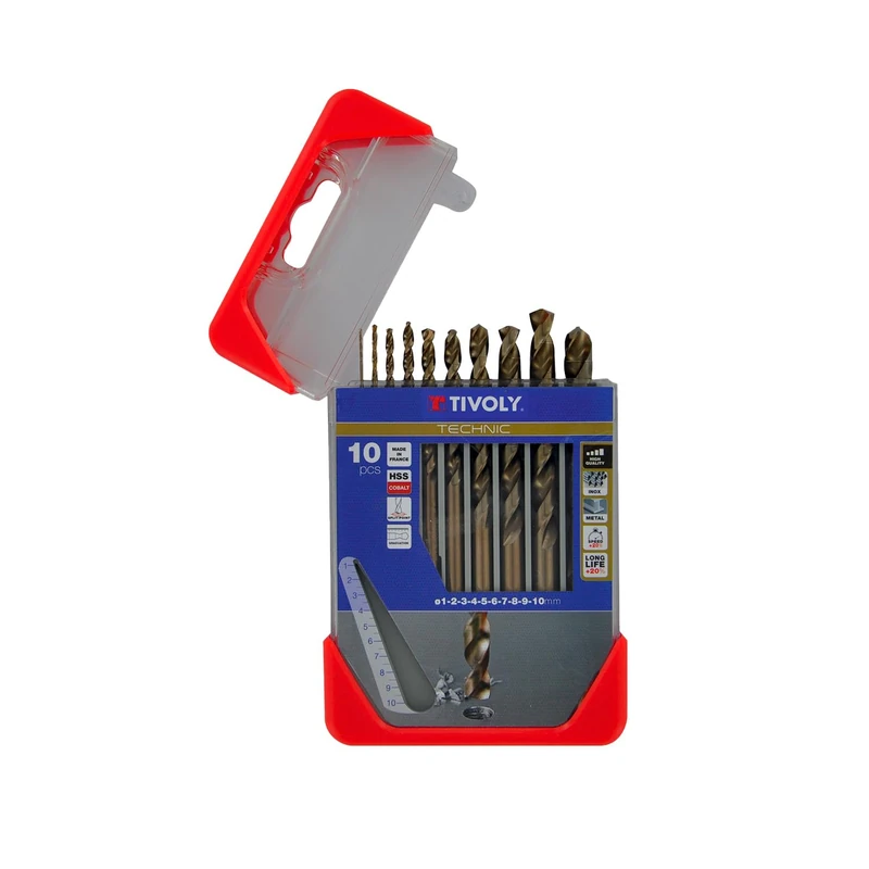 TIVOLY - High-Performance Metal Drills Set - Special Drilling for Stainless Steel and Resistant Steels - 10 HSS Cobalt Drills Ø 3/64" to 25/64"
