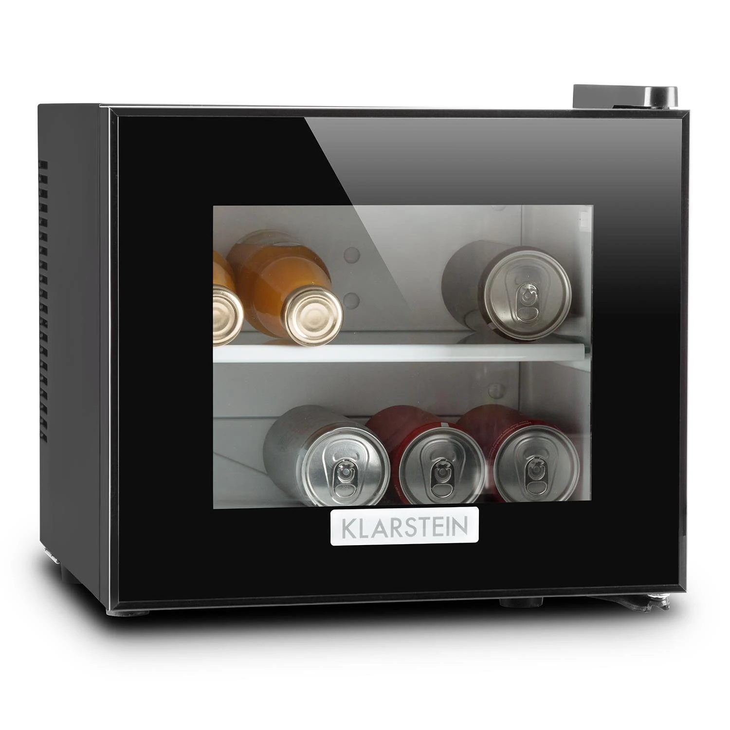 Klarstein Frosty Mini Fridge Refrigerator-Cooler,Cheese Fridge, 10 litres, 65W, EEC B, Removable Glass Trey, LED Lighting Space-Saving,Temperature Range Between 10 and 18 °C, Black, Transparent Door