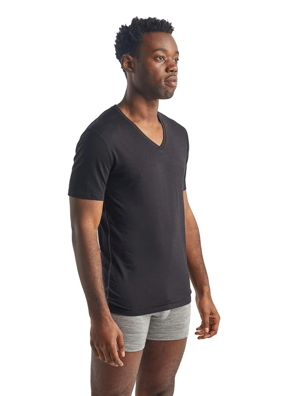 Icebreaker Men's Merino Wool Anatomica V Neck Underwear Short Sleeve Top - Black/Monsoon, XL,103661