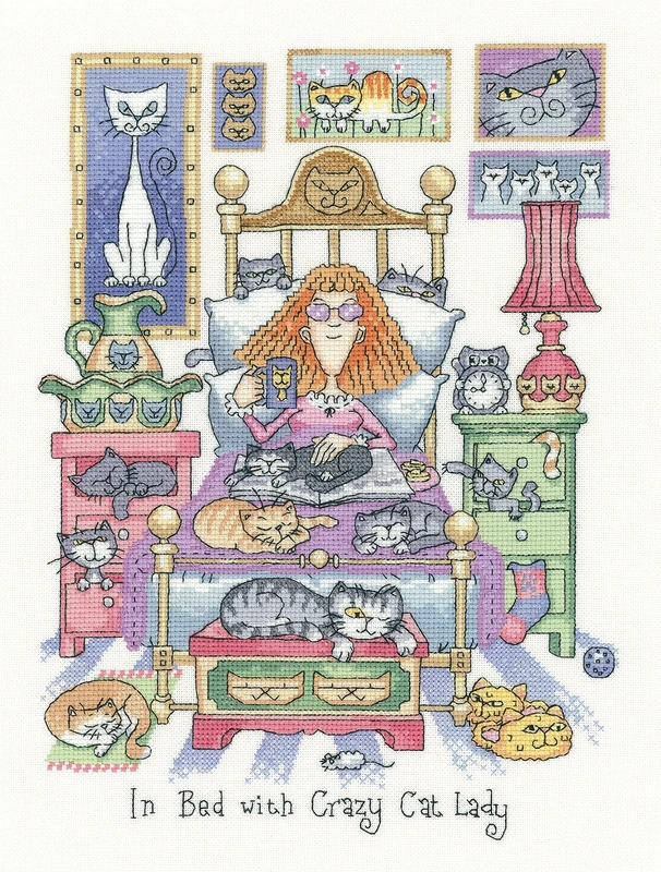 Heritage Craft in Bed with Crazy Cat Lady Counted Cross Stitch Kit – Evenweave - Image 1