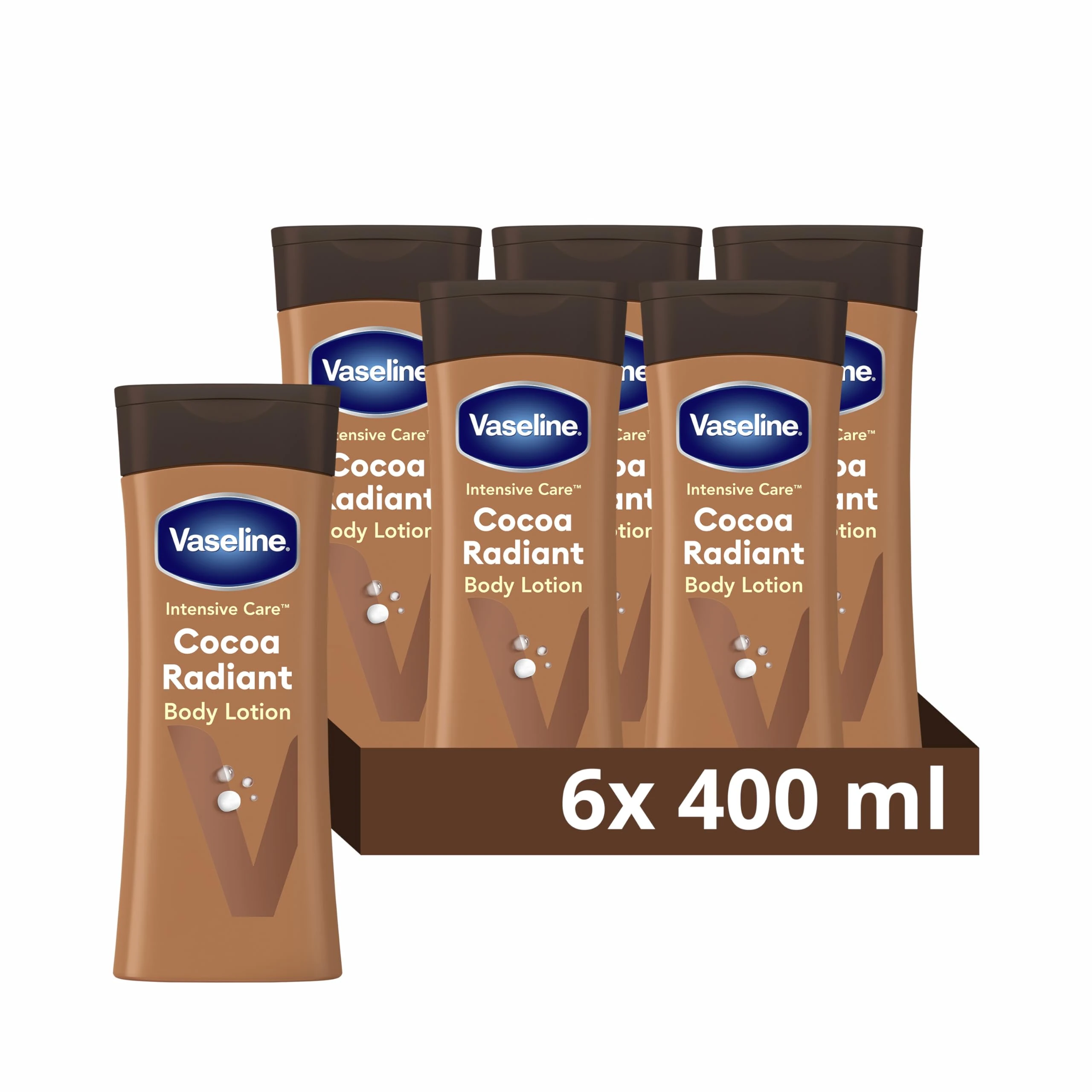 Vaseline Cocoa Radiant Body Lotion – Deep Moisturising Body Cream with Vaseline Jelly & 100% Cocoa Butter – Repairs Dry, Itchy Skin and Restores Natural Glow 6x 400ml