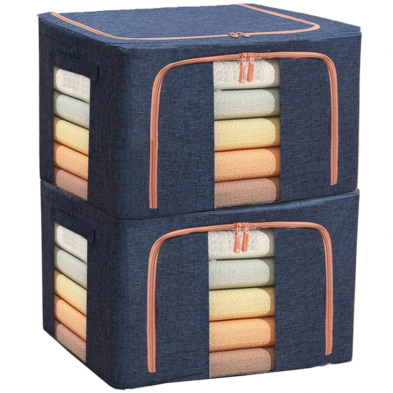 Clothes Storage Bags - Stackable Organizer with Foldable Shape Keeping Metal Frame, Zipper, Handles, Clear Window, Storage Container Box for Blanket, Sweater, Pillow Seasonal Clothing (66L x 2 Pack,