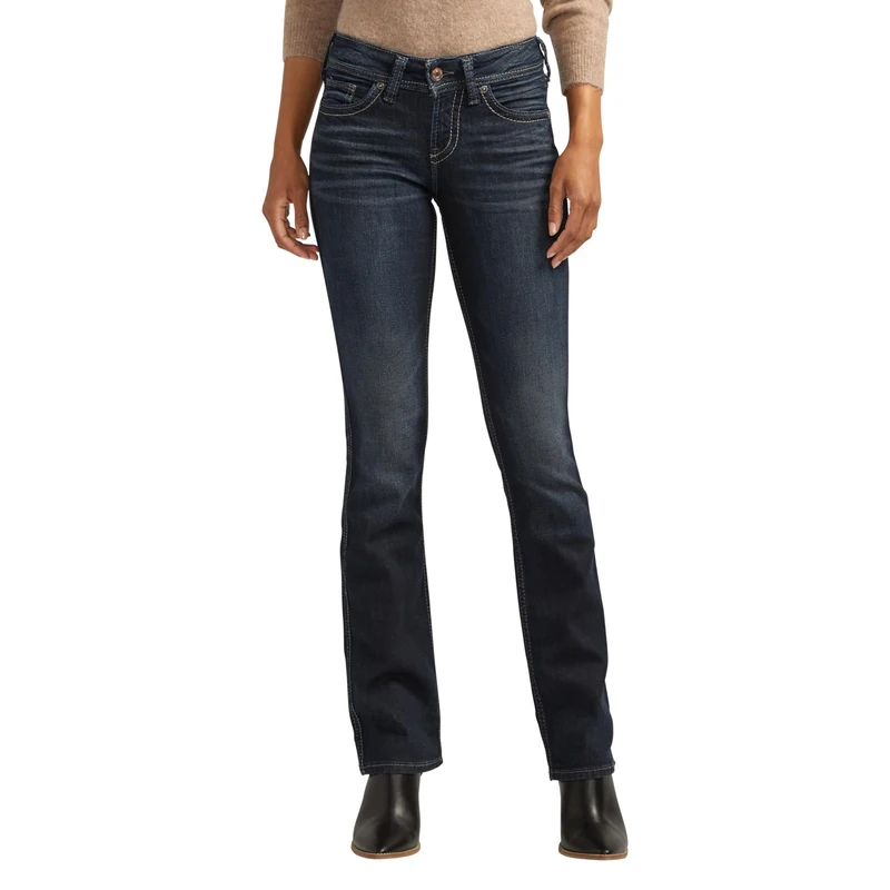 Silver Jeans Co. Women's Suki Mid Rise Curvy Fit Slim Bootcut Jeans, Dark Indigo Rinse, 24W x 33L