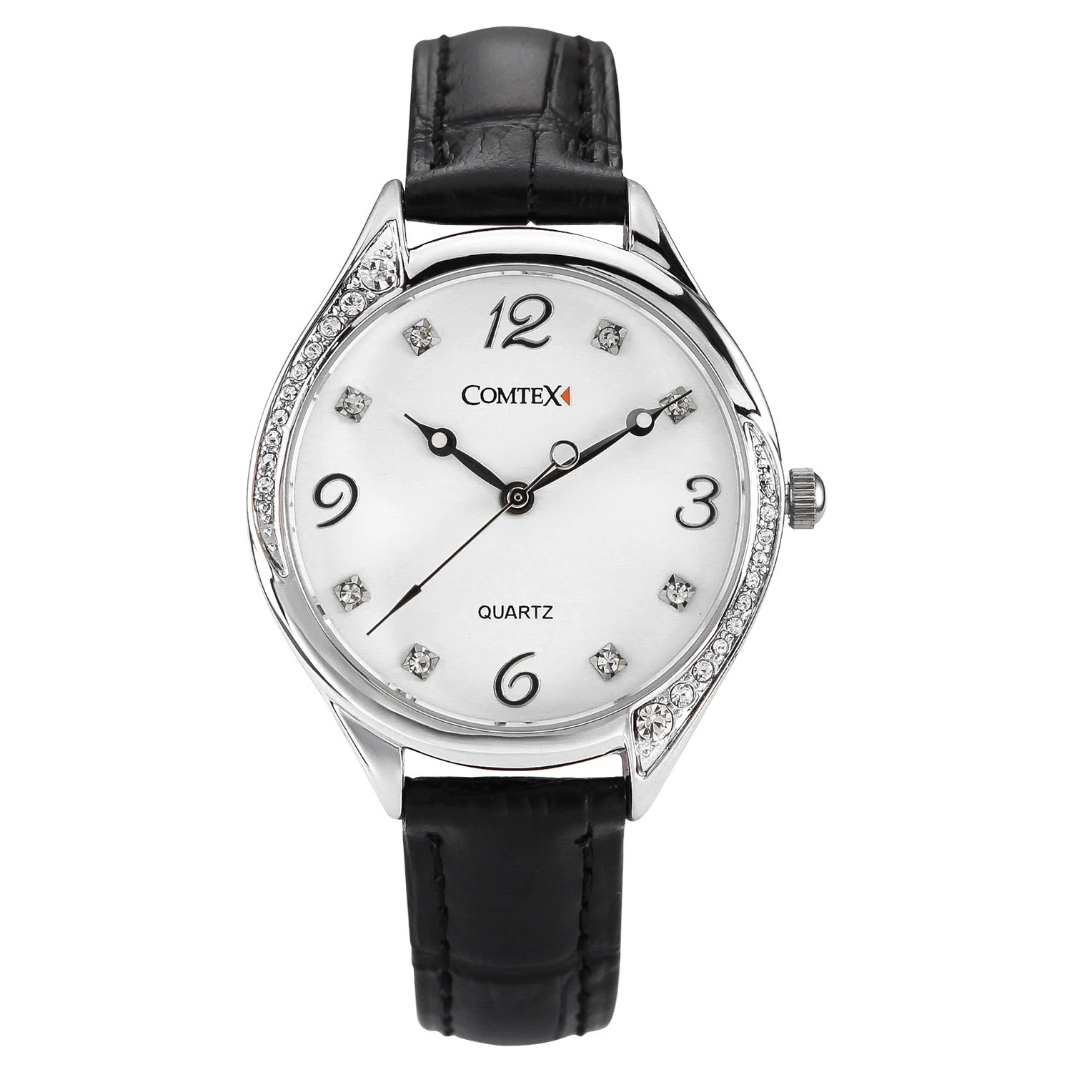COMTEX Women’s Watches Black Leather White Dial Crystal Diamond Number
