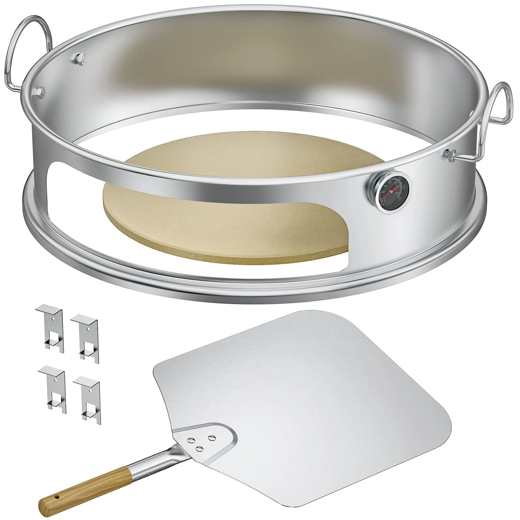onlyfire Pizza Oven Kit for 22-12 Inches Kettle Grills - Includes Stone and Aluminum Peel, Thermometer