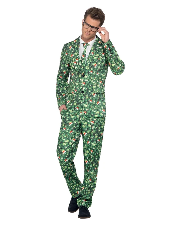 Smiffys Brussel Sprout Suit, Green with Jacket, Trousers & Tie, Stand Out Suits Fancy Dress, Xmas Dress Up Costumes Halloween, World Book Day
