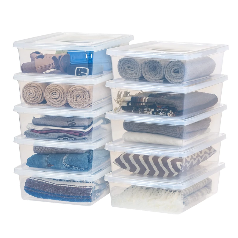 IRIS USA 28 Qt Clear Storage Box, BPA-Free Plastic Stackable Bin with Lid, Containers to Organize Closet Shelves, Clothes, Blankets, Towels, Classroom Organization Teacher Tools, 10 Pack
