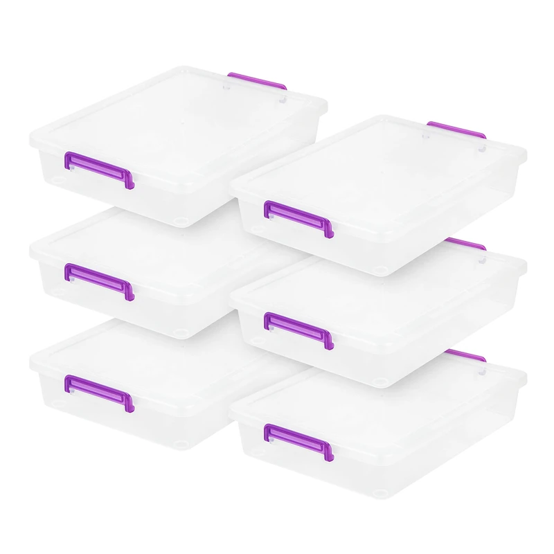 IRIS USA Plastic Storage Bins with Lids 6 Qt. Craft Organizers and Storage, Art Supply Storage Organizer, Arts and Crafts Organizer, Stackable and Secure Latch, Clear/Violet - 6 Pack