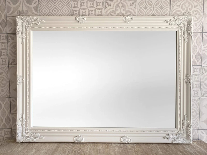 Large White Overmantle / Wall Mirror with Ornate 2 Wide Frame complete with Premium Quality Pilkington's Glass - Overall Size: 34 inches x 24 inches (85cm x 60cm) by Shabby Chic Mirrors