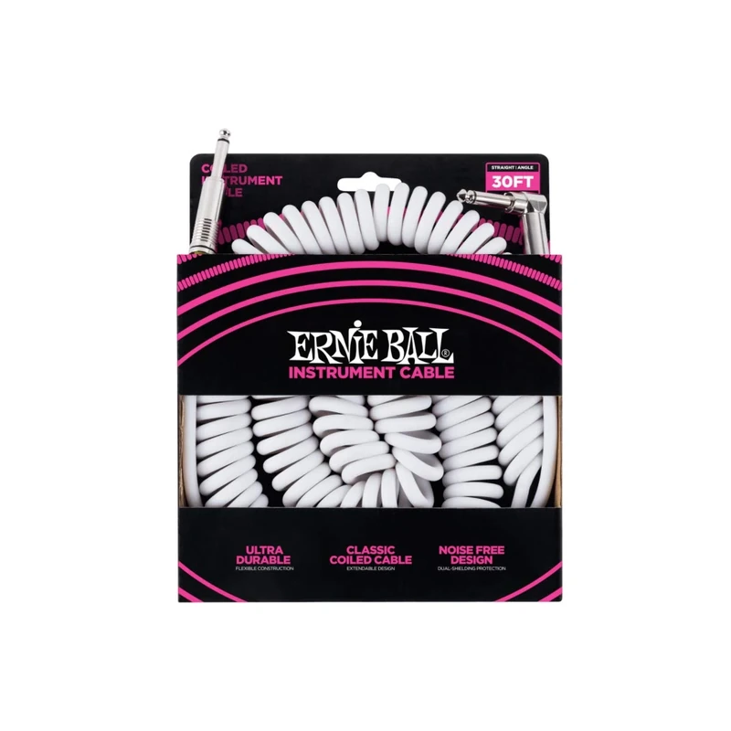 Ernie Ball 30 ft Coiled Straight / Angle Instrument Cable - White