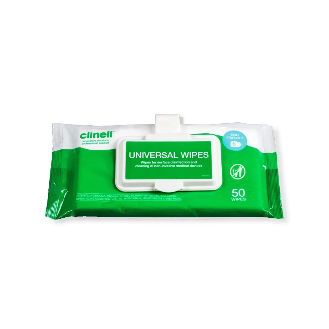 Clinell Universal Cleaning and Surface Disinfection- Multi Purpose - Kills 99.99% of Germs, Effective from 30 Seconds - 1 x Clip Pack of 50 Wipes