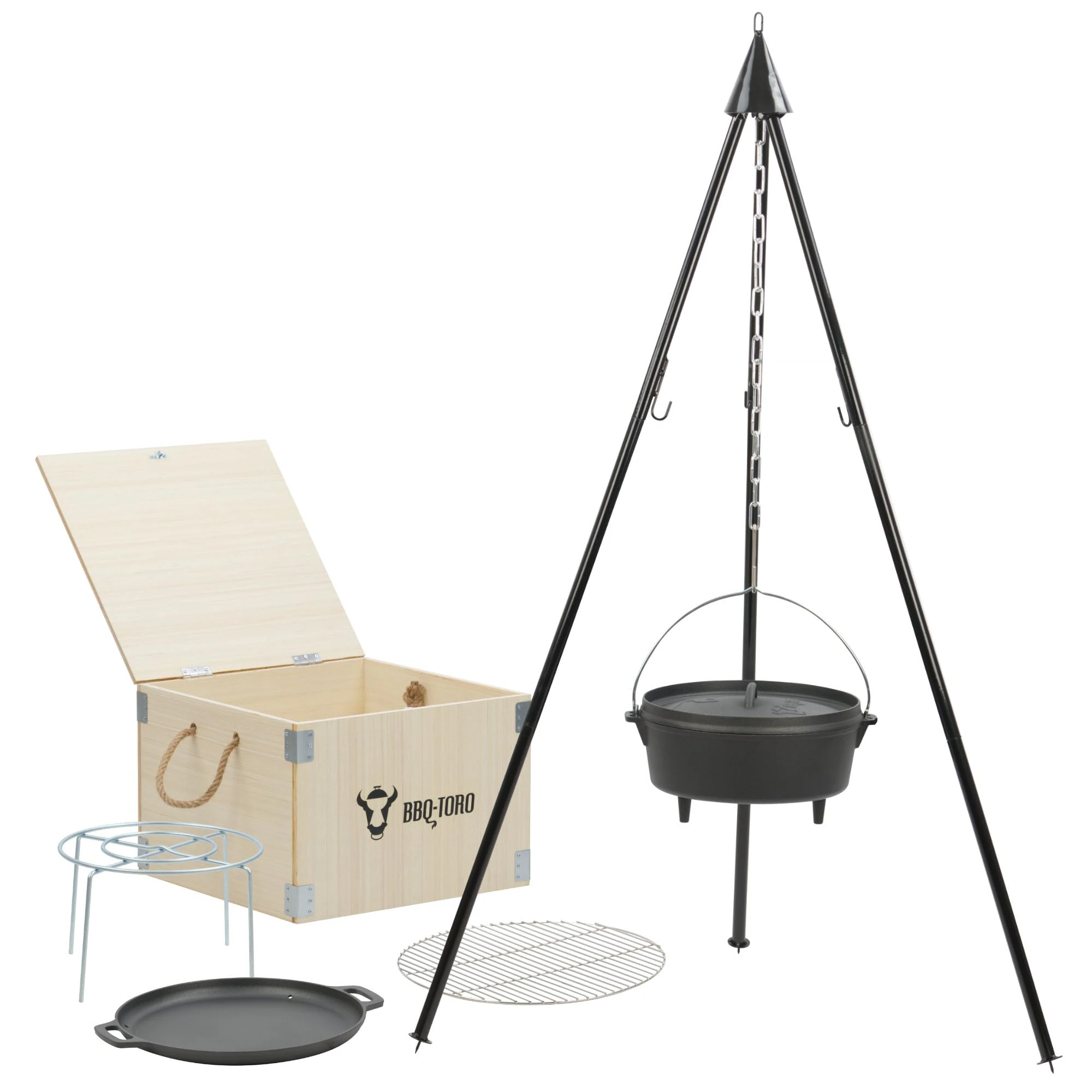 BBQ-Toro 6-piece dutch oven set in wooden box, cast iron, pre-seasoned, with cooking pot, saucepan, grill rack, tripod and more
