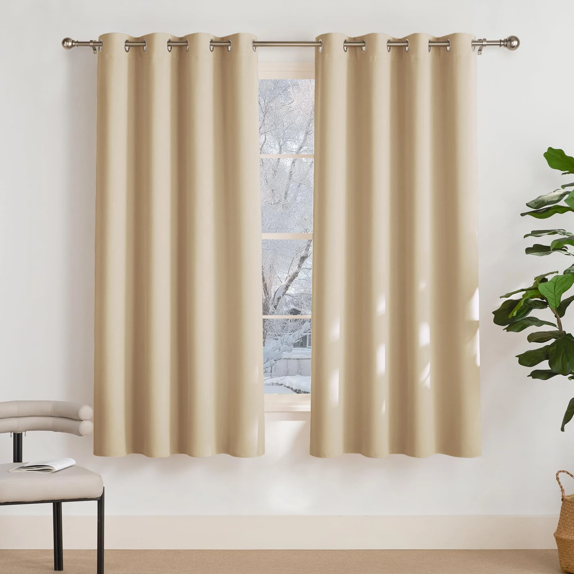 PONY DANCE Beige Thermal Window Curtains - Decorative Window Treatment Top Ring Energy Saving Curtain Panels for Room Darkening & Noise Reduicing, 2 Pieces, 55" Width by 69 in Length, Biscotti Beige