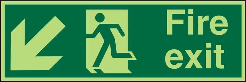 Seco Fire Exit - Arrow Pointing Down & Left, Man Running Left, Fire Exit Sign, 600mm x 200mm - Photoluminescent 1mm Semi Rigid Plastic