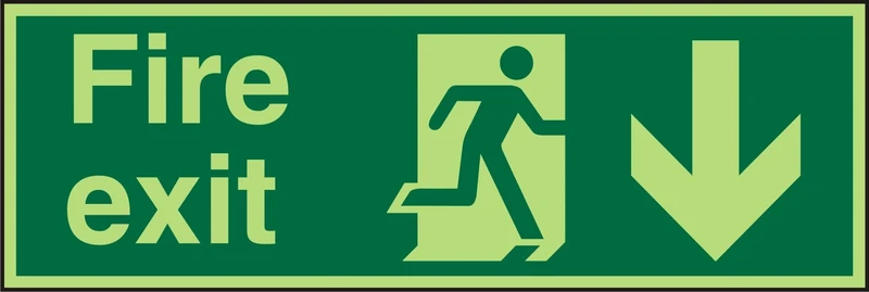 Seco Fire Exit - Fire Exit, Man Running Right, Arrow Pointing Down Sign, 600mm x 200mm - Photoluminescent 1mm Semi Rigid Plastic