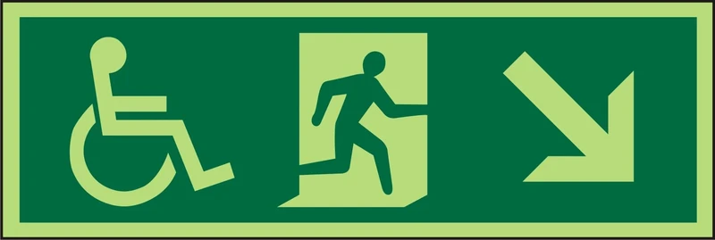 Seco DDA Fire Exit - Wheel Chair, Man Running Right, Arrow Pointing Down & Right Pictogram Sign, 450mm x 150mm - Photoluminescent 2mm Prestige Acrylic