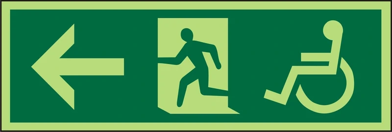 Seco DDA Fire Exit - Arrow Pointing Left, Man Running Left, Wheel Chair Pictogram Sign, 450mm x 150mm - Photoluminescent 2mm Prestige Acrylic