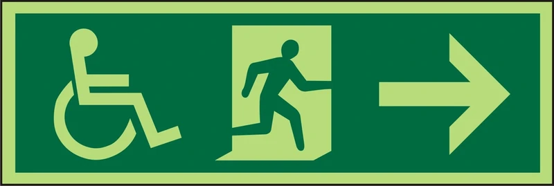 Seco DDA Fire Exit - Wheel Chair, Man Running Right, Arrow Pointing Right Pictogram Sign, 450mm x 150mm - Photoluminescent 2mm Prestige Acrylic