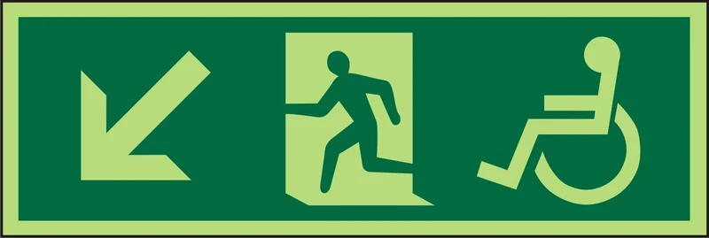 Seco DDA Fire Exit - Arrow Pointing Down & Left, Man Running Left, Wheel Chair Pictogram Sign, 450mm x 150mm - Photoluminescent 2mm Prestige Acrylic