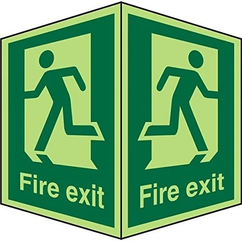 Seco Fire Exit - Man Running Different Directions & Fire Exit On Each Face Sign, 200mm x 300mm - Photoluminescent 1mm Semi Rigid Plastic
