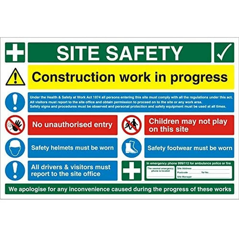 Seco Site Safety, Construction Work in Progress Sign, 900mm x 600mm - 4mm Fluted Board